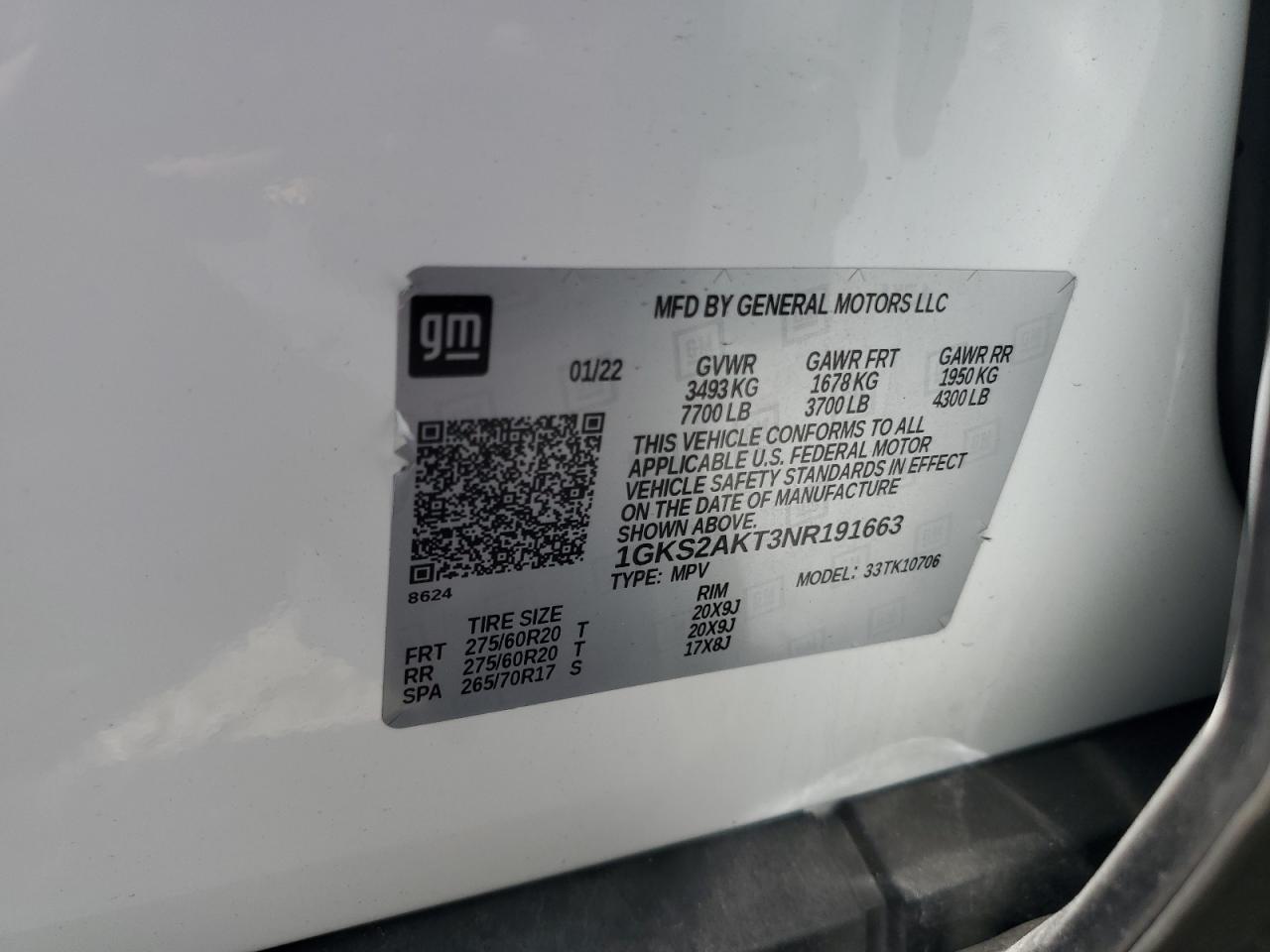 2022 GMC Yukon Sle VIN: 1GKS2AKT3NR191663 Lot: 63970465