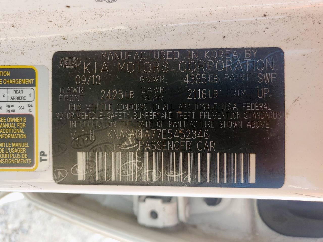 2014 Kia Optima Lx VIN: KNAGM4A77E5452346 Lot: 63878725