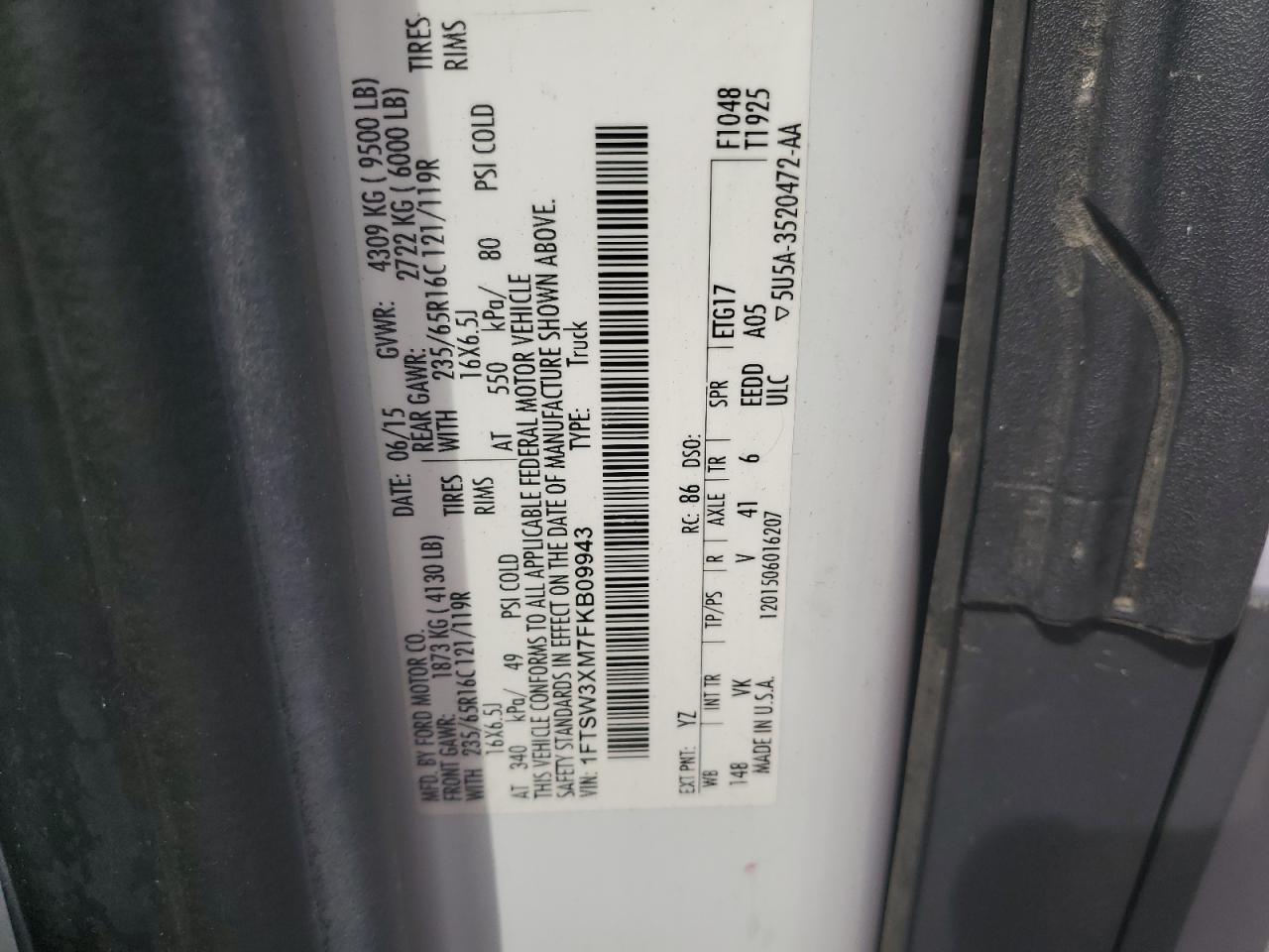 2015 Ford Transit Cargo Van T- VIN: 1FTSW3XM7FKB09943 Lot: 64839725