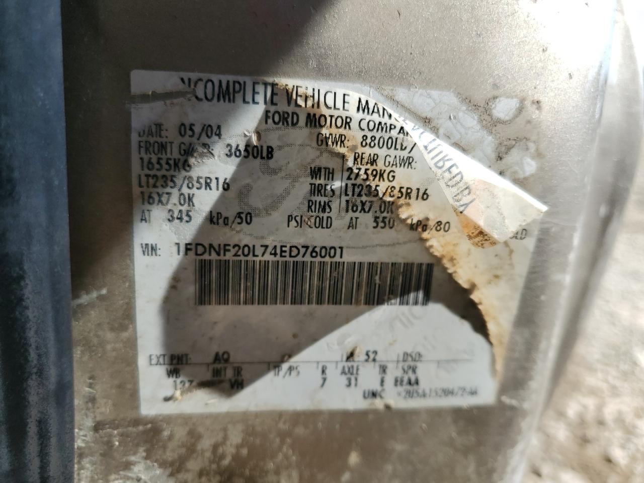 2004 Ford F250 Super Duty VIN: 1FDNF20L74ED76001 Lot: 66459265
