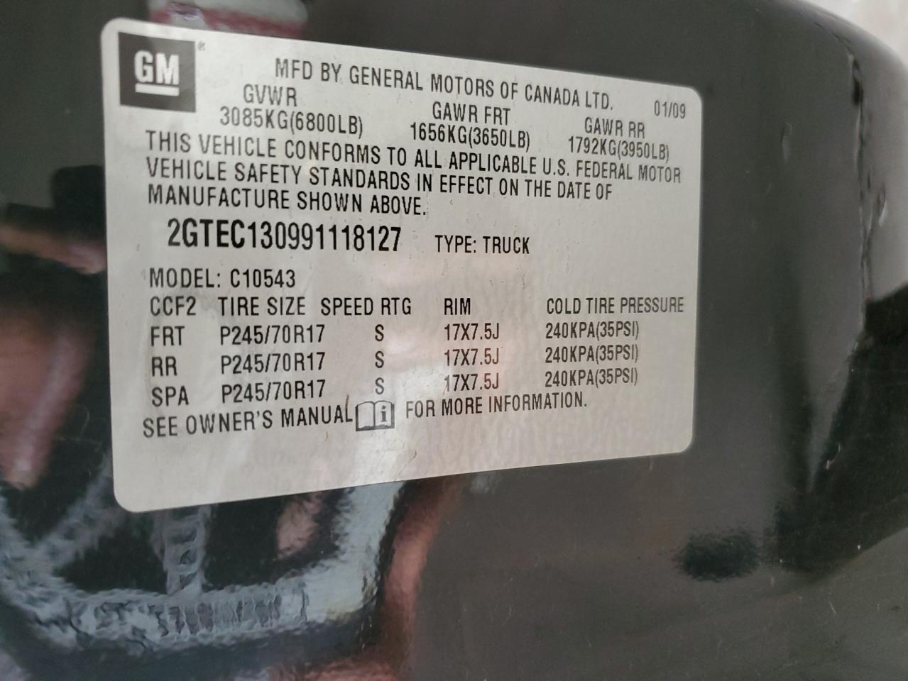 2009 GMC Sierra C1500 VIN: 2GTEC130991118127 Lot: 65262325