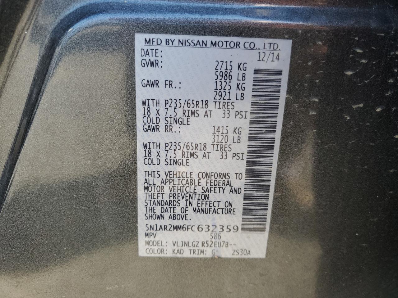 2015 Nissan Pathfinder S VIN: 5N1AR2MM6FC632359 Lot: 65753595