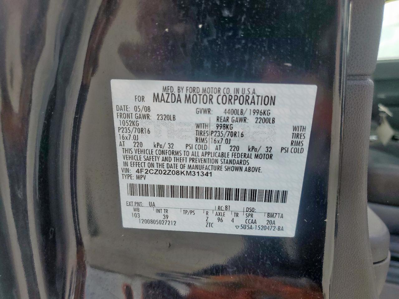 2008 Mazda Tribute I VIN: 4F2CZ02Z08KM31341 Lot: 65093195