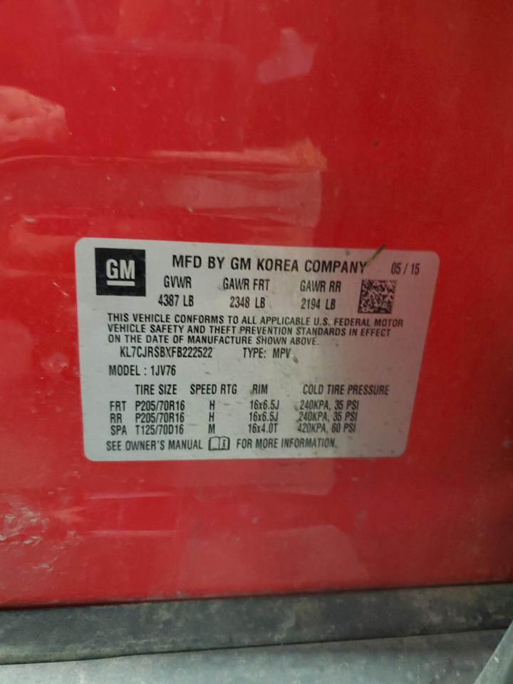 2015 Chevrolet Trax 1Lt VIN: KL7CJRSBXFB222522 Lot: 67044895