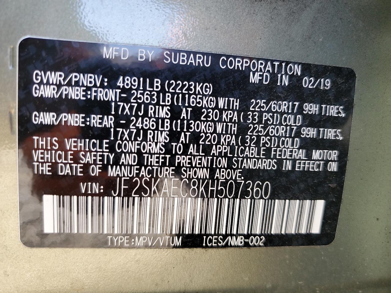 2019 Subaru Forester Premium VIN: JF2SKAEC8KH507360 Lot: 63046745
