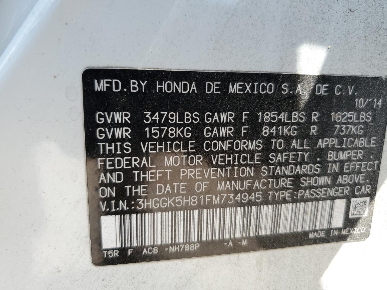 2015 Honda Fit Ex VIN: 3HGGK5H81FM734945 Lot: 61920835
