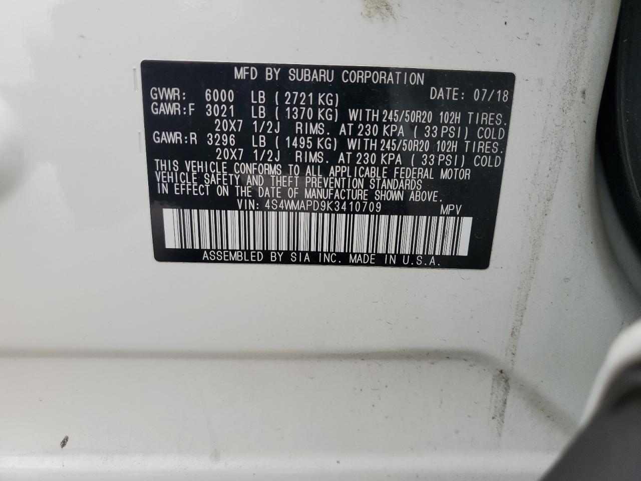 2019 Subaru Ascent Limited VIN: 4S4WMAPD9K3410709 Lot: 64459675