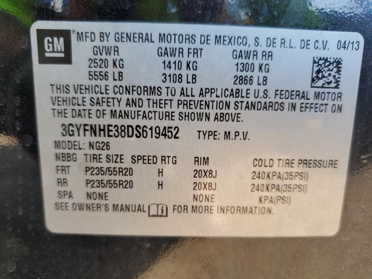 2013 Cadillac Srx Performance Collection VIN: 3GYFNHE38DS619452 Lot: 64519885