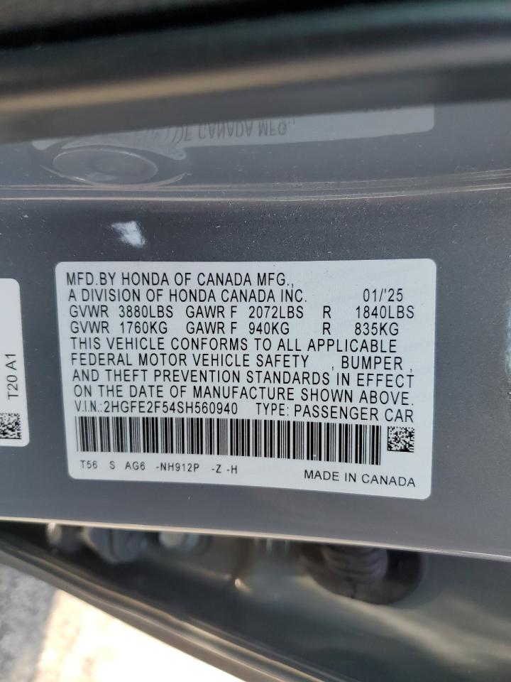 2025 Honda Civic Sport VIN: 2HGFE2F54SH560940 Lot: 63690315