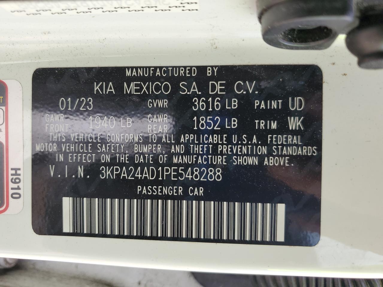 2023 Kia Rio Lx VIN: 3KPA24AD1PE548288 Lot: 64236405