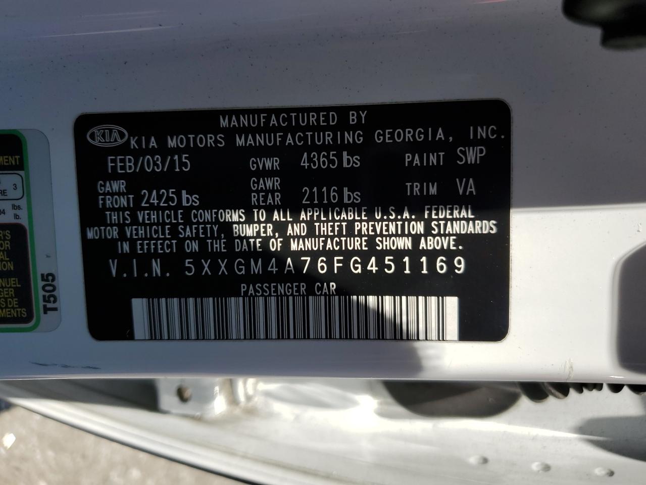 2015 Kia Optima Lx VIN: 5XXGM4A76FG451169 Lot: 65090305