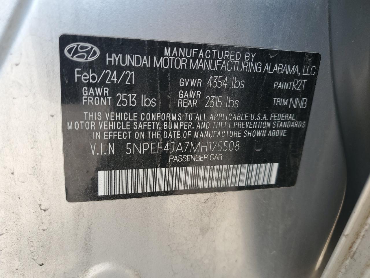 2021 Hyundai Sonata Sel VIN: 5NPEF4JA7MH125508 Lot: 63263955