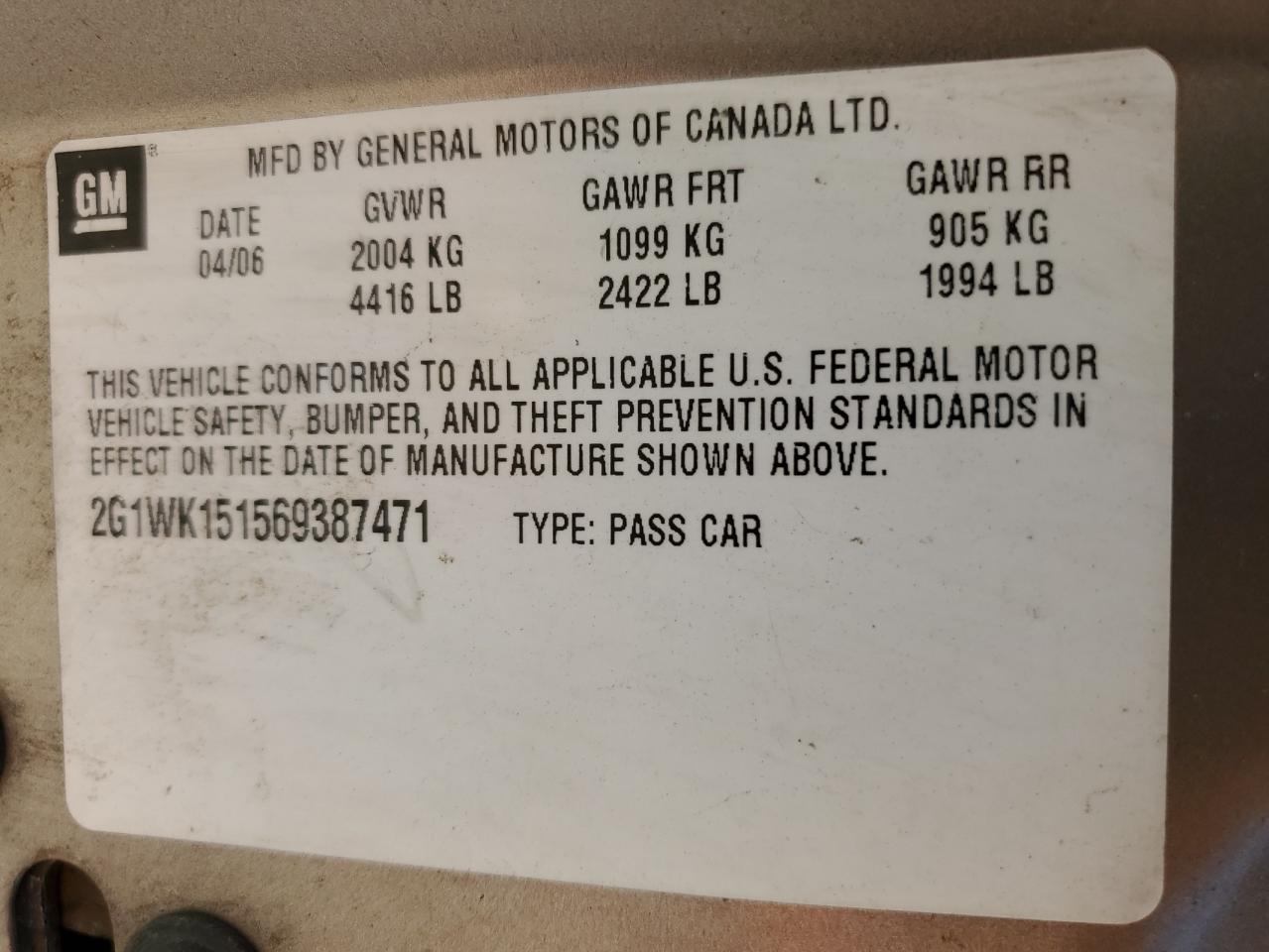 2006 Chevrolet Monte Carlo Lt VIN: 2G1WK151569387471 Lot: 64118435