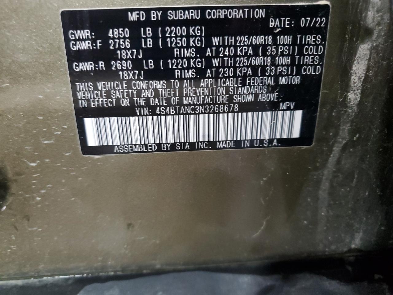 2022 Subaru Outback Limited VIN: 4S4BTANC3N3268678 Lot: 62884035