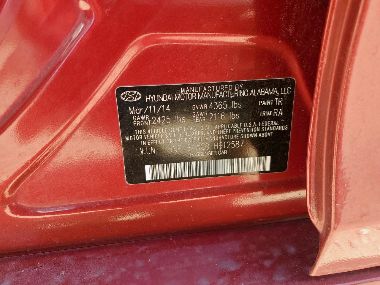 2014 Hyundai Sonata Gls VIN: 5NPEB4AC0EH912587 Lot: 70937375