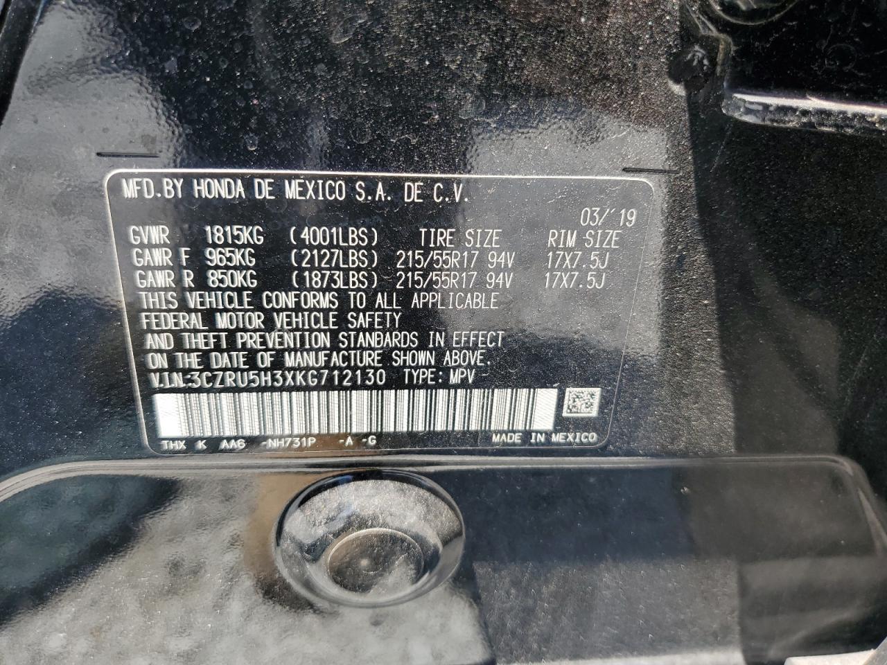 2019 Honda Hr-V Lx VIN: 3CZRU5H3XKG712130 Lot: 64403285