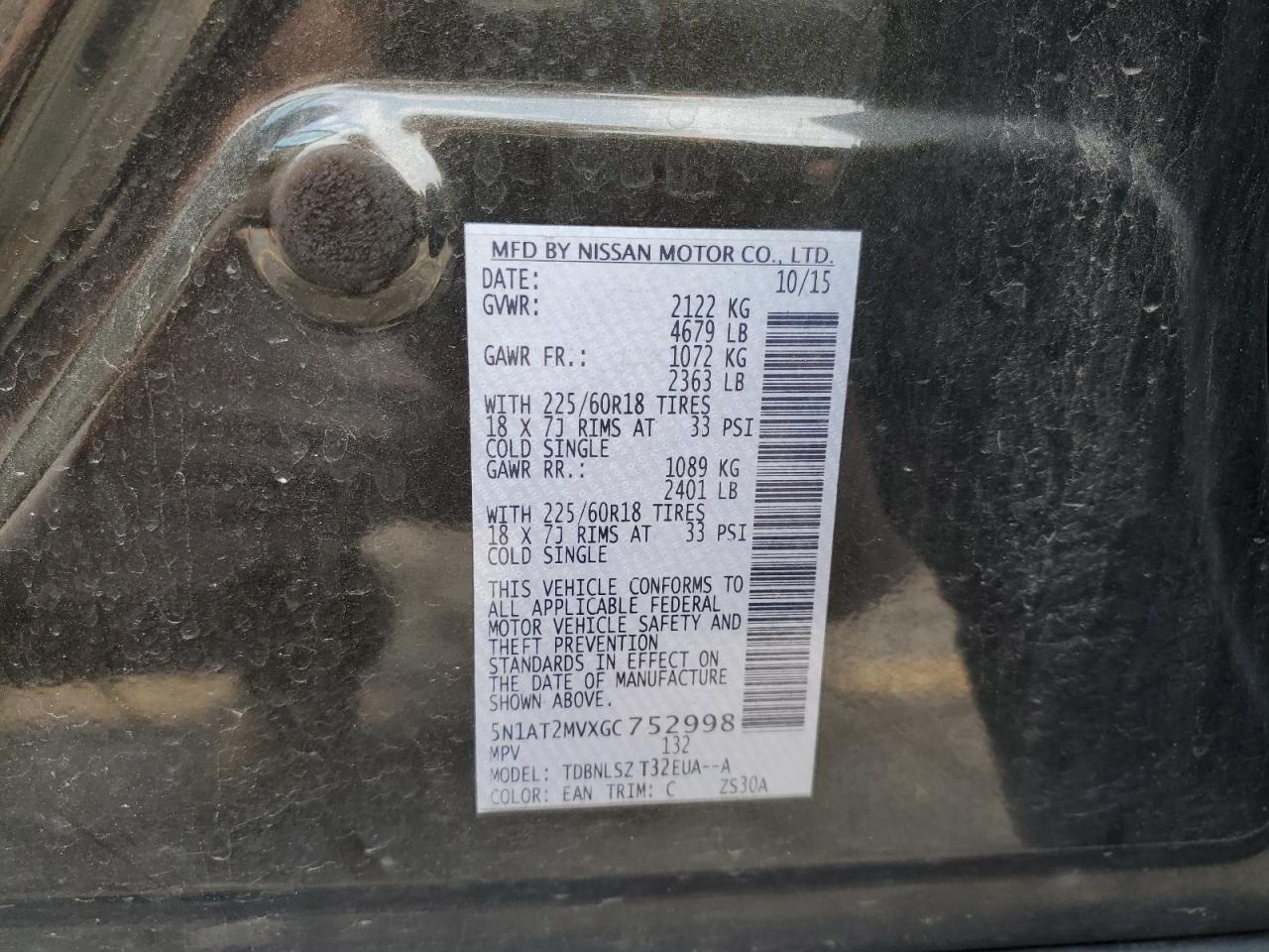 2016 Nissan Rogue S VIN: 5N1AT2MVXGC752998 Lot: 65081635