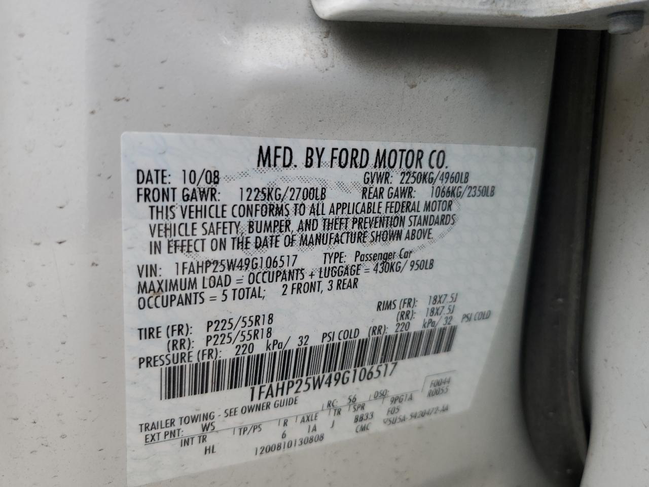 2009 Ford Taurus Limited VIN: 1FAHP25W49G106517 Lot: 63261745