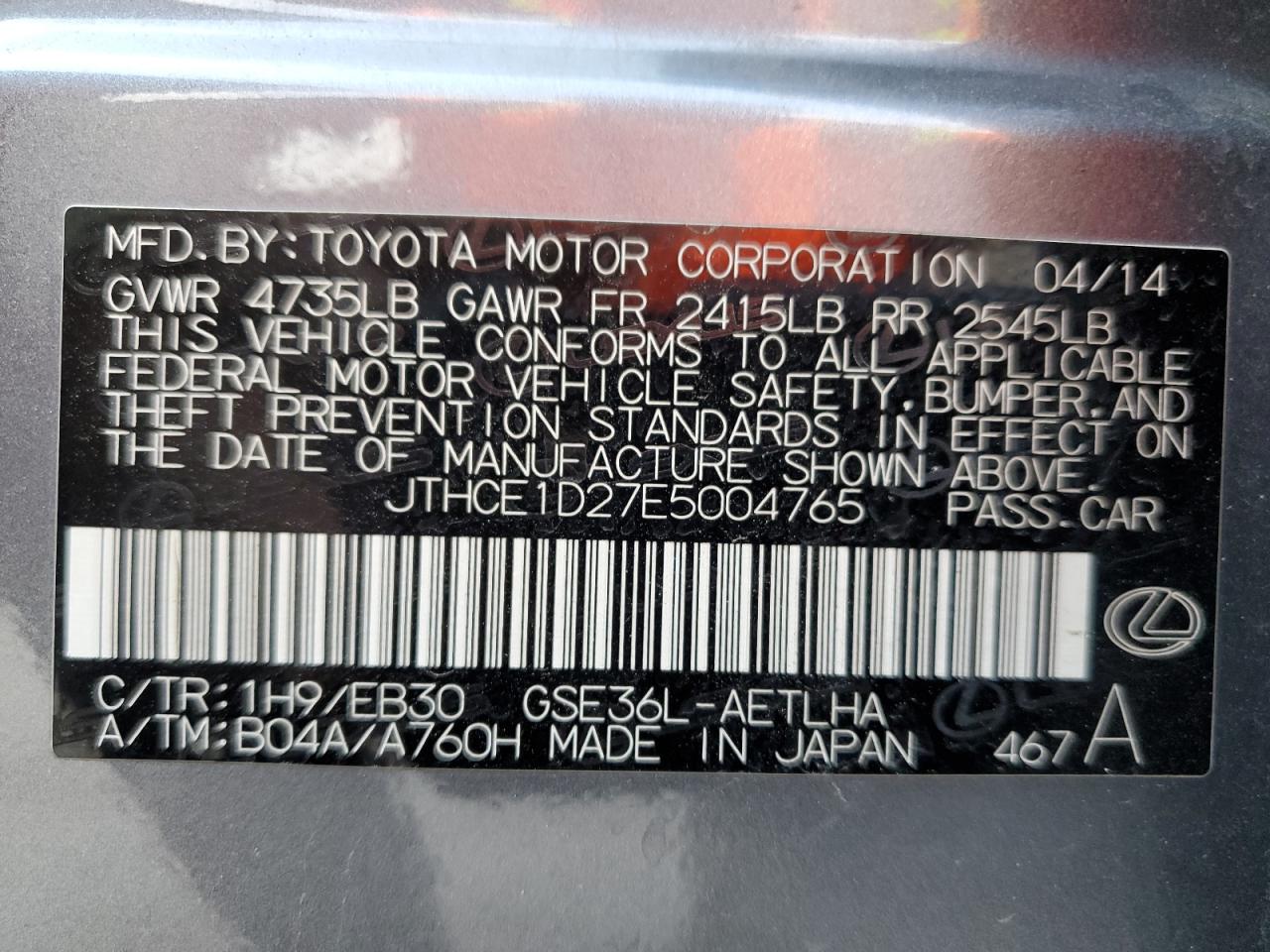 2014 Lexus Is 350 VIN: JTHCE1D27E5004765 Lot: 65207365