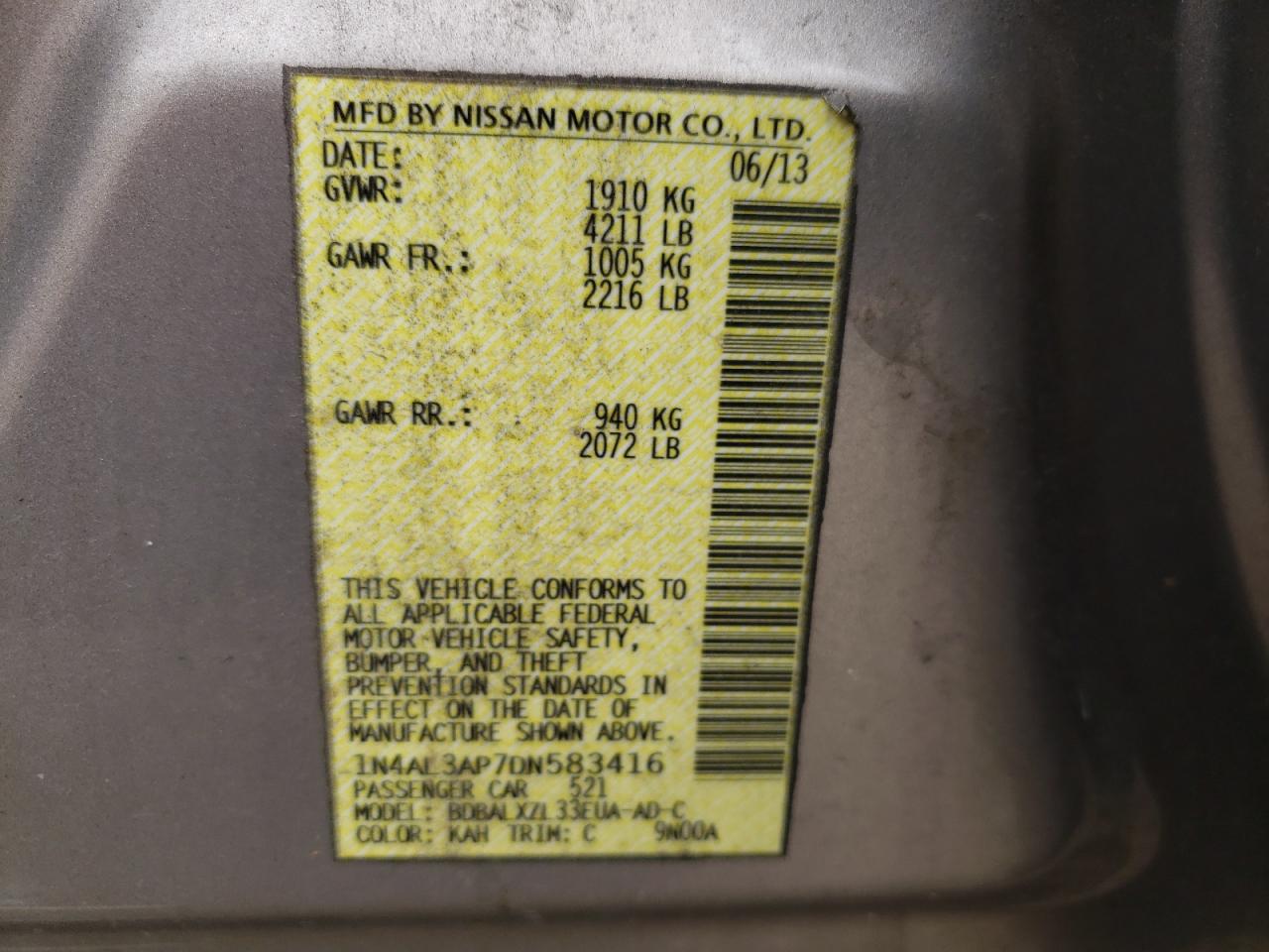 2013 Nissan Altima 2.5 VIN: 1N4AL3AP7DN583416 Lot: 65376645