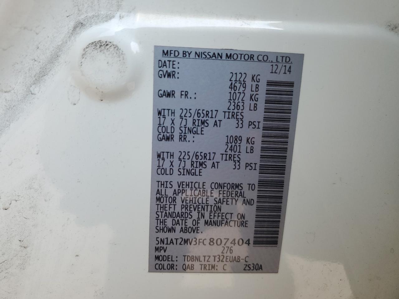 2015 Nissan Rogue S VIN: 5N1AT2MV3FC807404 Lot: 65274835