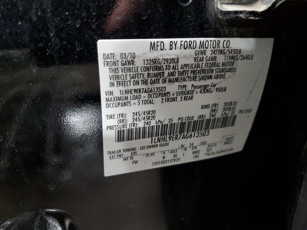 2010 Lincoln Mks VIN: 1LNHL9ER7AG613503 Lot: 63643905