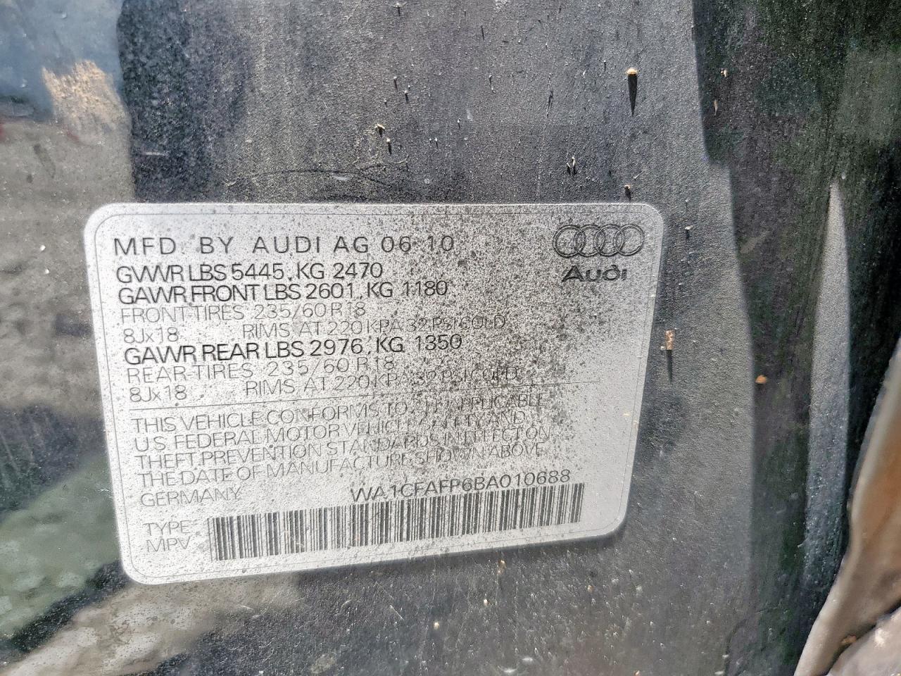 2011 Audi Q5 Premium VIN: WA1CFAFP6BA010688 Lot: 62608815