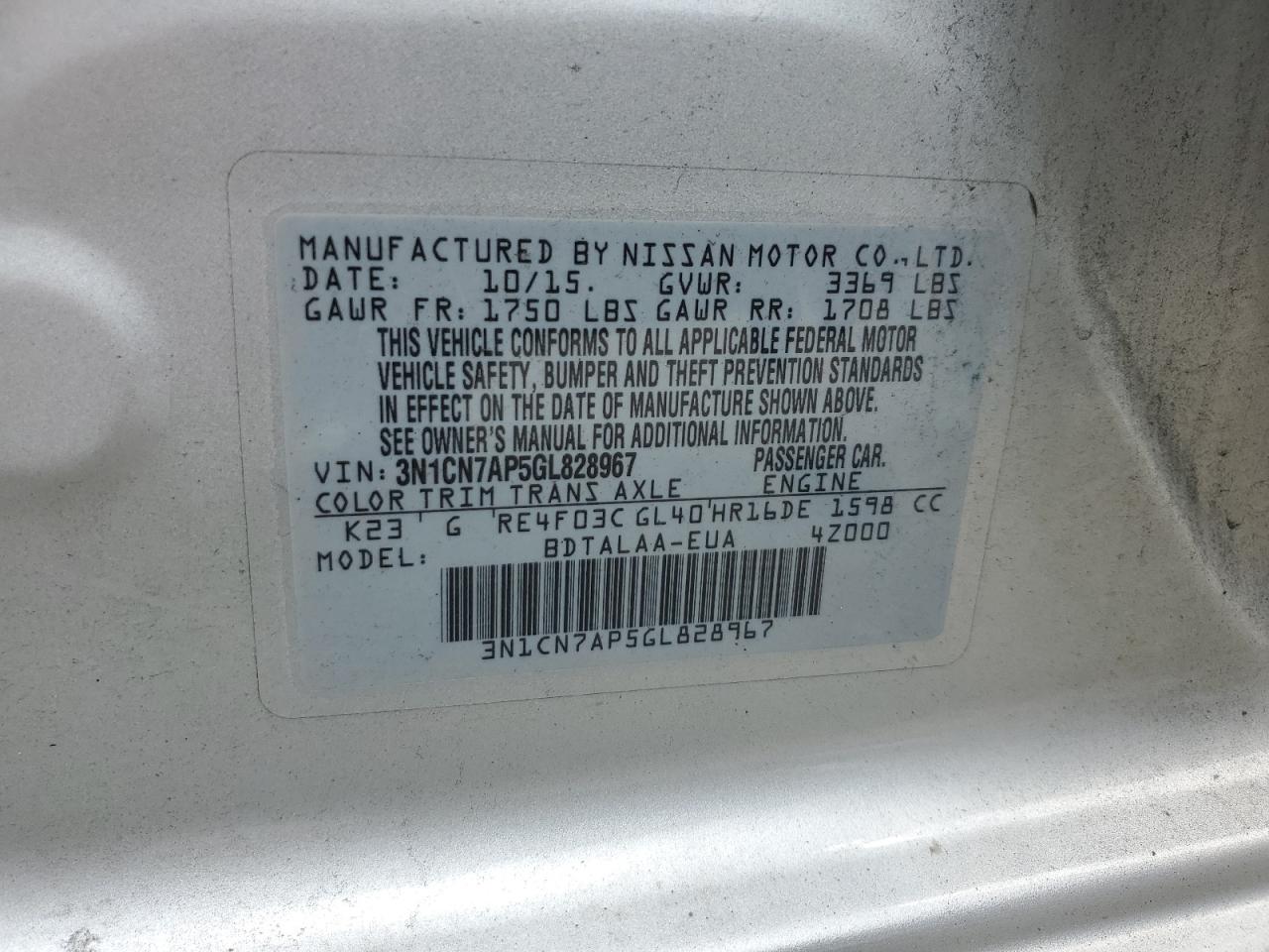 2016 Nissan Versa S VIN: 3N1CN7AP5GL828967 Lot: 65629095