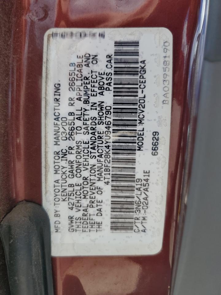 2000 Toyota Camry Le VIN: 4T1BF28K4YU946790 Lot: 64429515