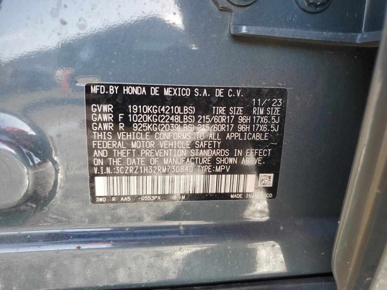 2024 Honda Hr-V Lx VIN: 3CZRZ1H32RM730840 Lot: 64137125