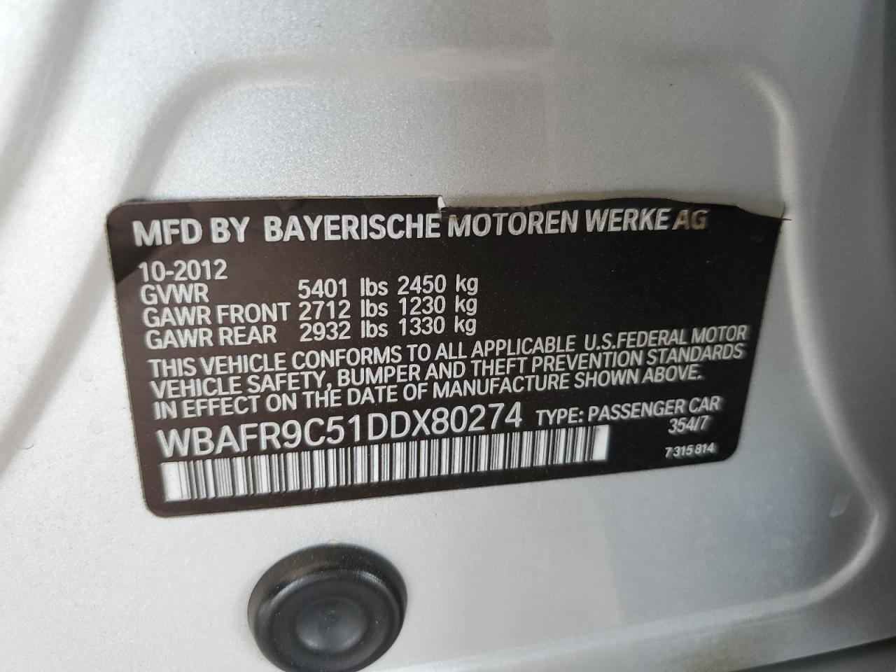 2013 BMW 550 I VIN: WBAFR9C51DDX80274 Lot: 63108975