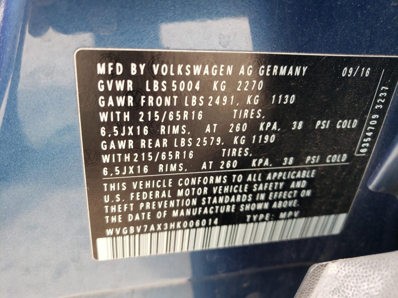 2017 Volkswagen Tiguan S VIN: WVGBV7AX3HK006014 Lot: 65197365