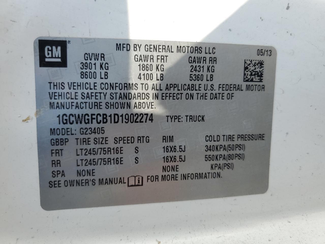 2013 Chevrolet Express G2500 VIN: 1GCWGFCB1D1902274 Lot: 65218335