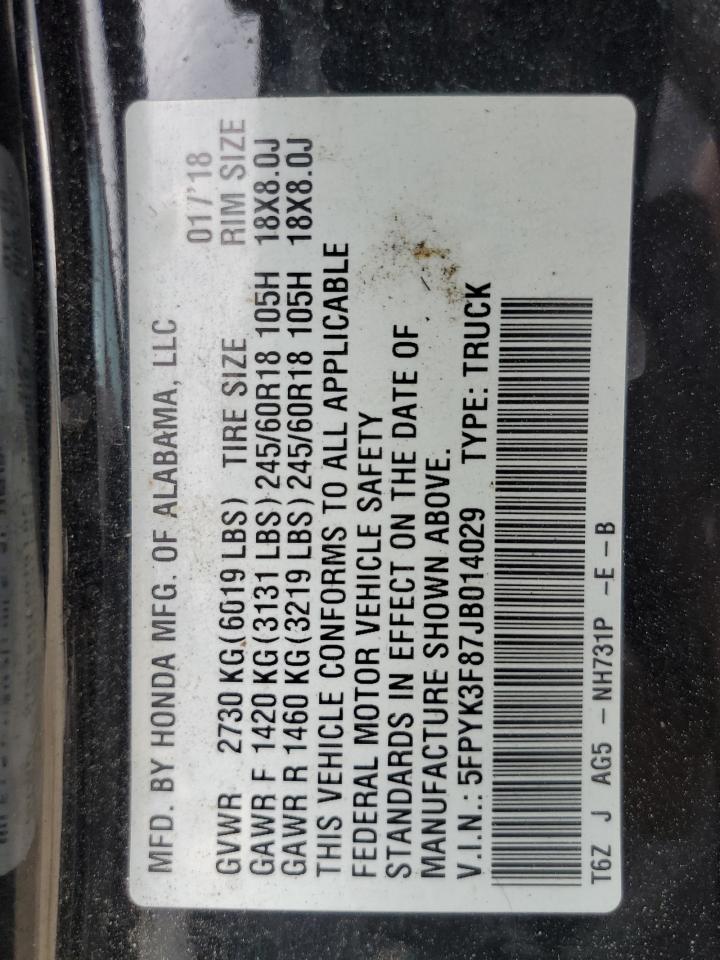 2018 Honda Ridgeline Black Edition VIN: 5FPYK3F87JB014029 Lot: 64799075