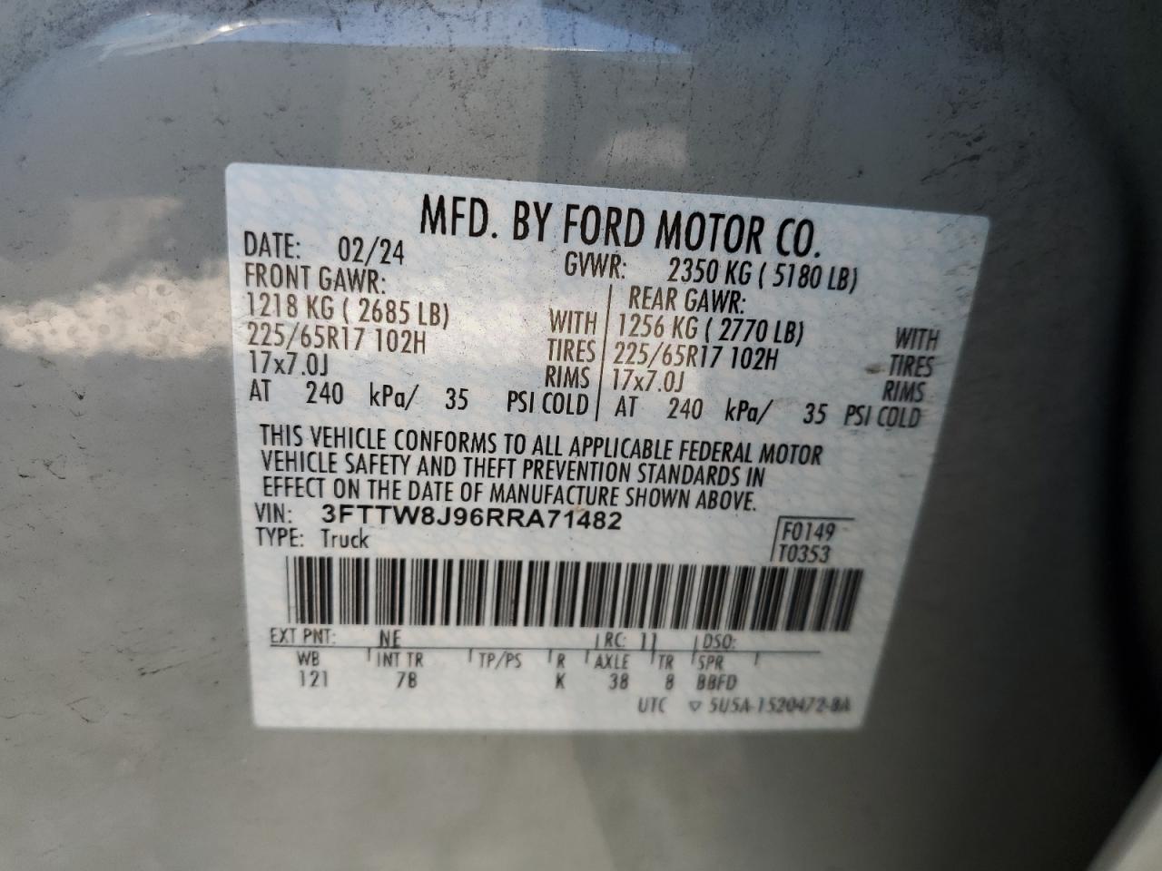 2024 Ford Maverick Xlt VIN: 3FTTW8J96RRA71482 Lot: 65547365