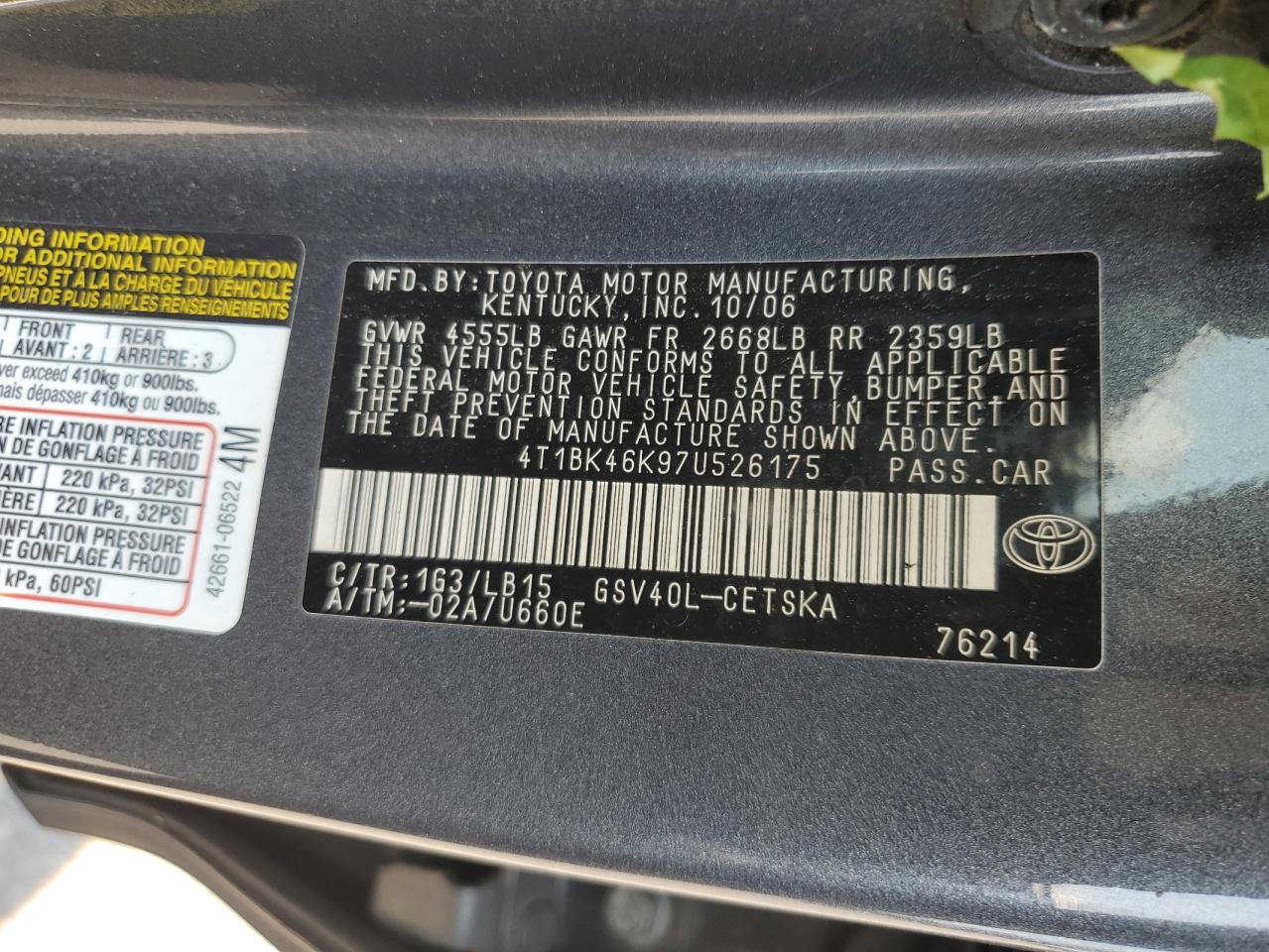 2007 Toyota Camry Le VIN: 4T1BK46K97U526175 Lot: 64514225