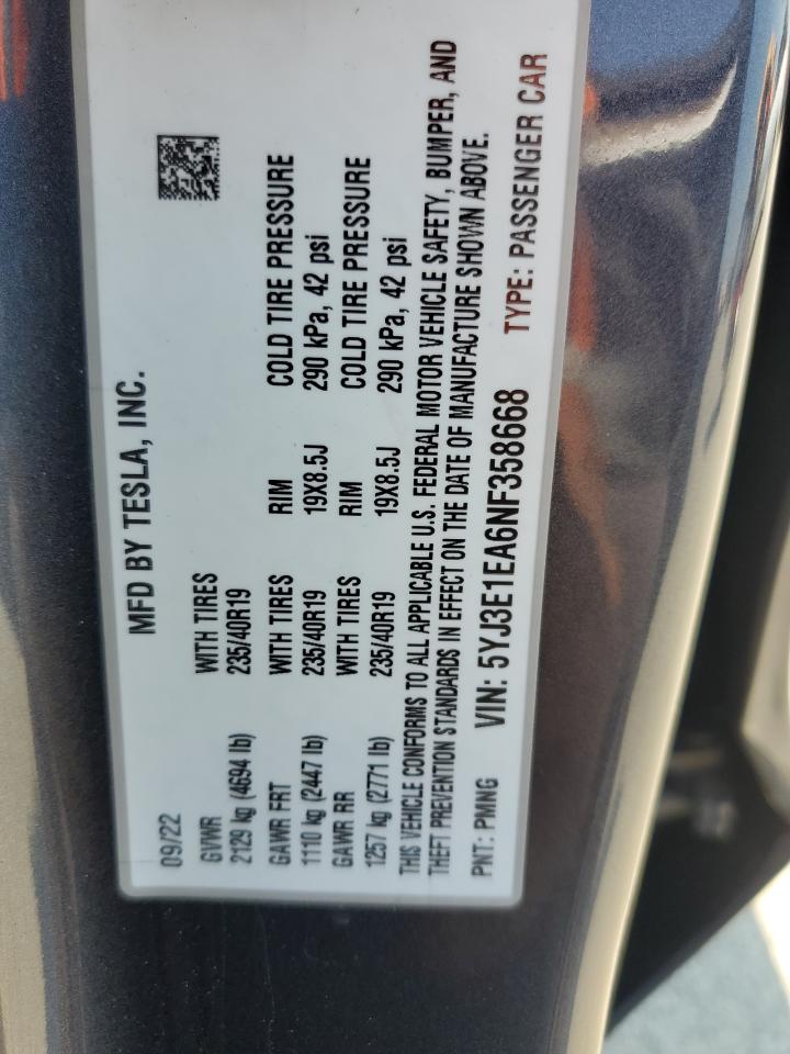 2022 Tesla Model 3 VIN: 5YJ3E1EA6NF358668 Lot: 64622715