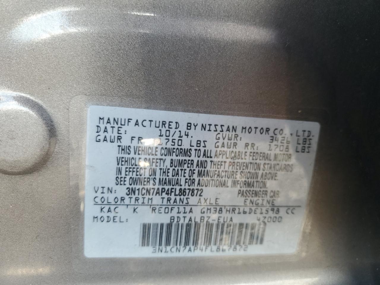 2015 Nissan Versa S VIN: 3N1CN7AP4FL867872 Lot: 66388865