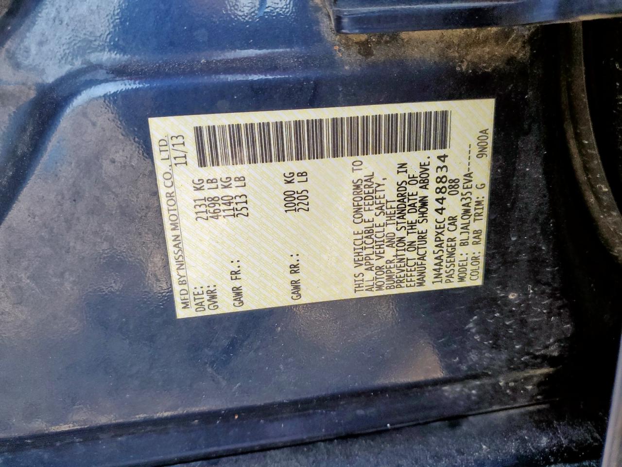 2014 Nissan Maxima S VIN: 1N4AA5APXEC448834 Lot: 65079165