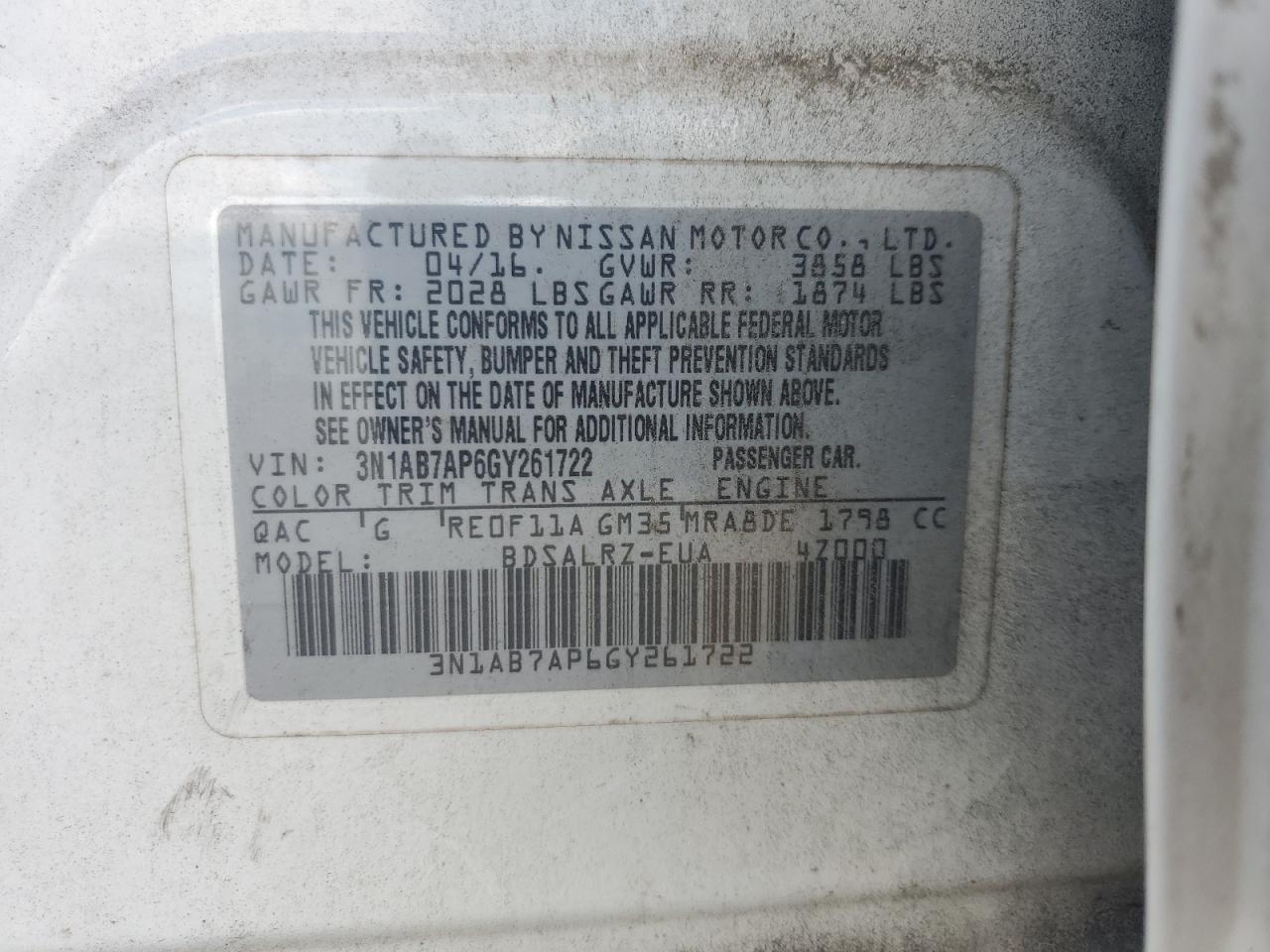 2016 Nissan Sentra S VIN: 3N1AB7AP6GY261722 Lot: 64494985