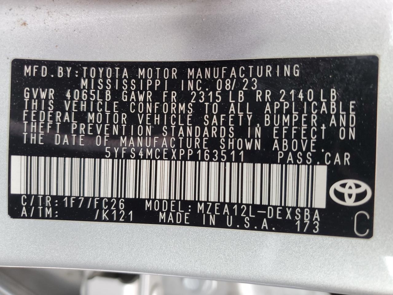 2023 Toyota Corolla Se VIN: 5YFS4MCEXPP163511 Lot: 63244625
