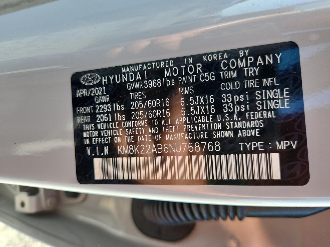 2022 Hyundai Kona Sel VIN: KM8K22AB6NU768768 Lot: 65311015
