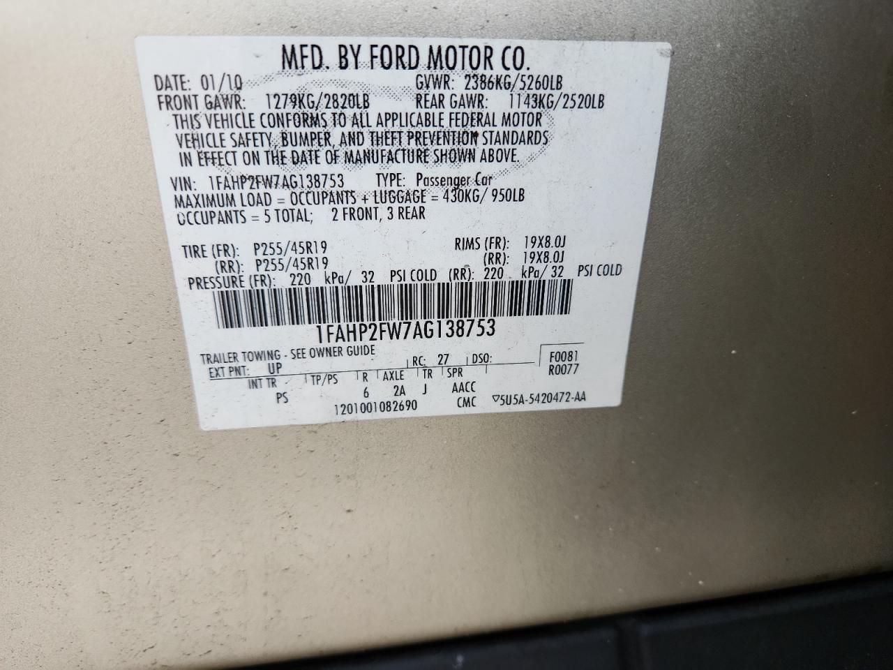 2010 Ford Taurus Limited VIN: 1FAHP2FW7AG138753 Lot: 64880025