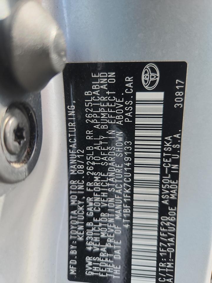 2012 Toyota Camry Base VIN: 4T1BF1FK7CU149133 Lot: 65263605