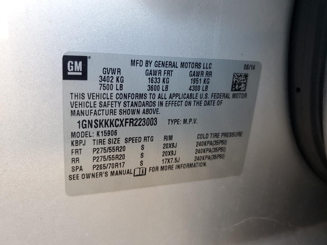 1gnskkkcxfr223003 1GNSKKKCXFR223003 2015 Chevrolet Suburban K1500 Ltz