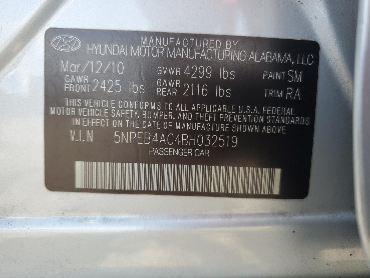 2011 Hyundai Sonata Gls VIN: 5NPEB4AC4BH032519 Lot: 65210435