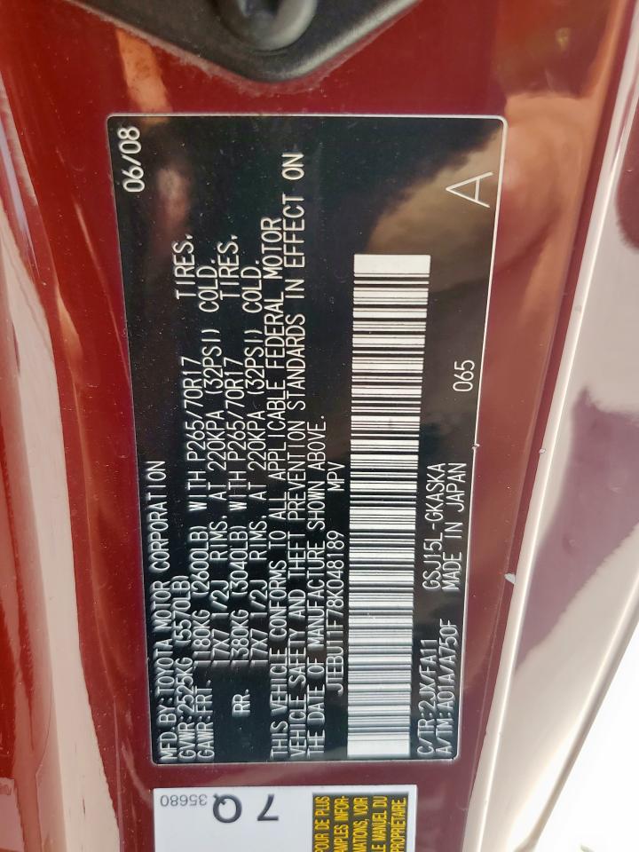 2008 Toyota Fj Cruiser VIN: JTEBU11F78K048189 Lot: 61300285