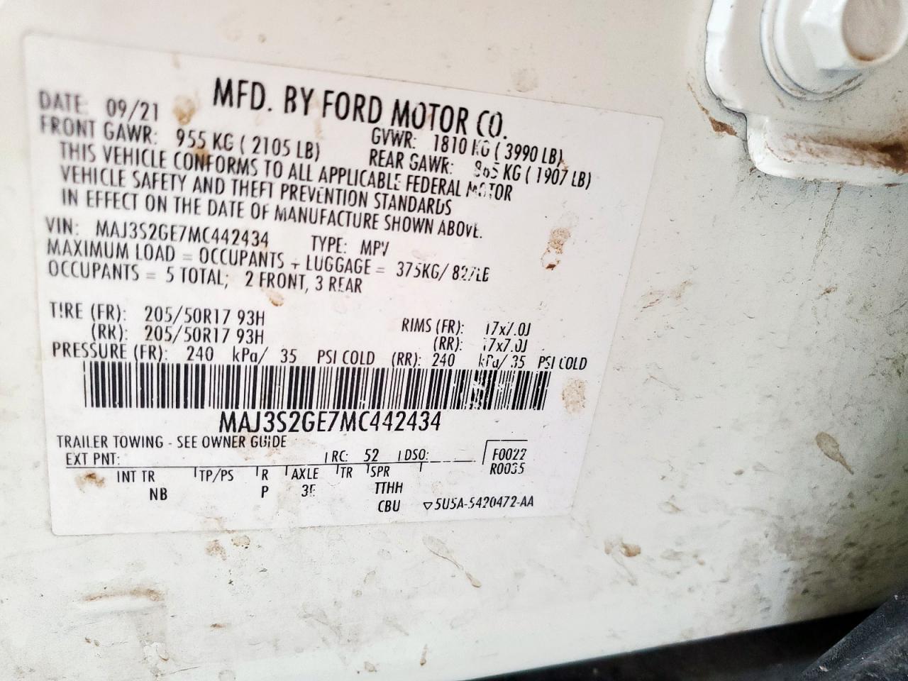 2021 Ford Ecosport Se VIN: MAJ3S2GE7MC442434 Lot: 62924005