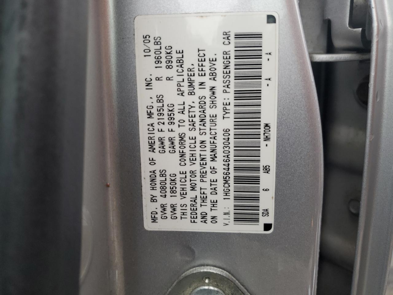 2006 Honda Accord Lx VIN: 1HGCM56446A030406 Lot: 63498435