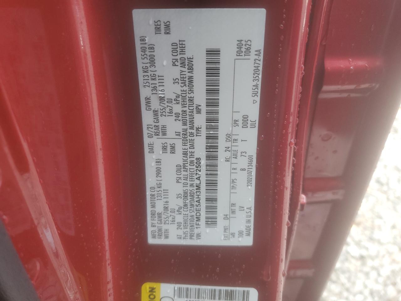 2021 Ford Bronco Base VIN: 1FMDE5AH3MLA72508 Lot: 67050225